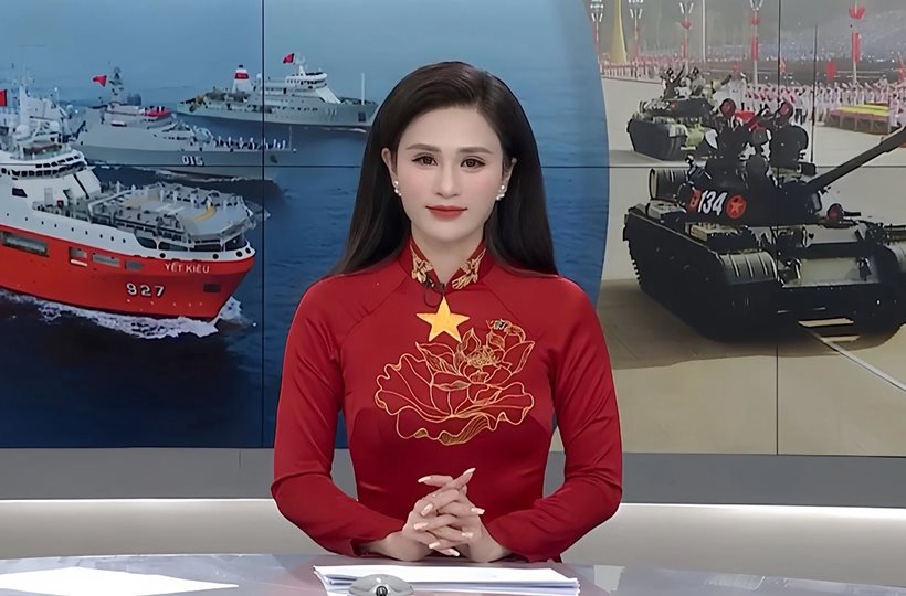Mc Minh Trang nổi bật trong tà áo dài đỏ mừng đại lễ