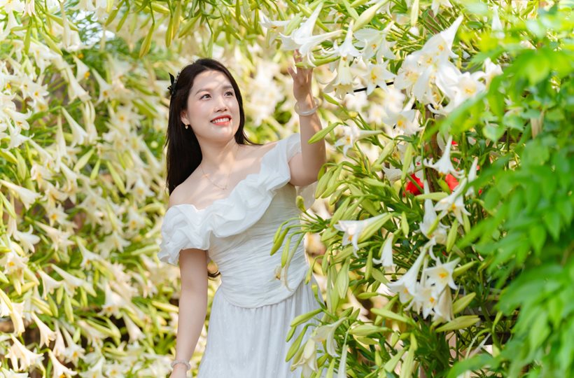 Cô gái check in vườn hoa loa kèn